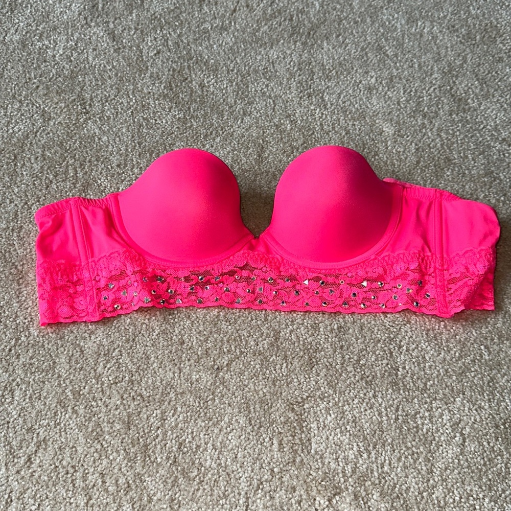 Victorias Secret PINK neon pink strapless bra with rhinestones, 34A